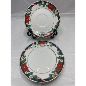 DECK THE HALLS Tienshan Christmas Poinsettias Holly‎ Red Ribbons 4 Plates 6"